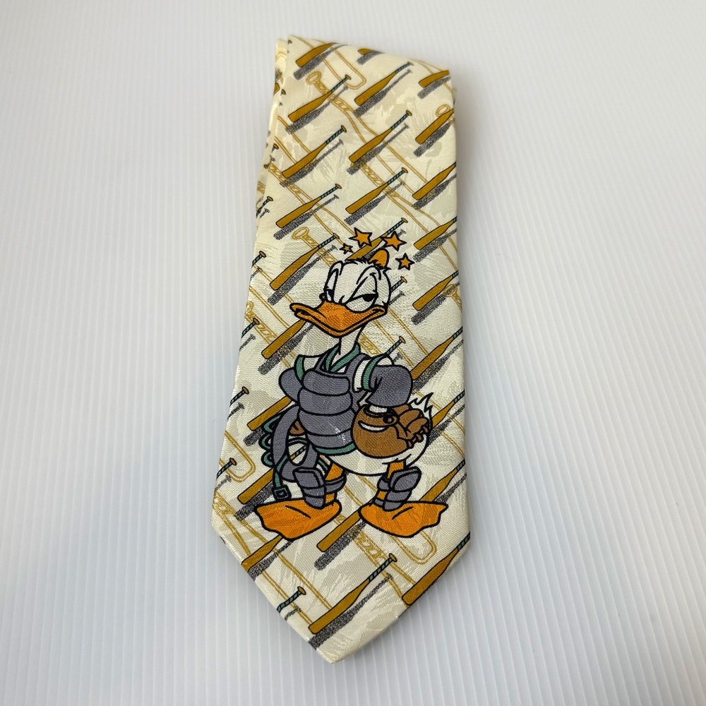 Vintage 90s Disney Mickey Unlimited Donald Duck Baseball Catcher Neck Tie-Ivory - Picture 1 of 5